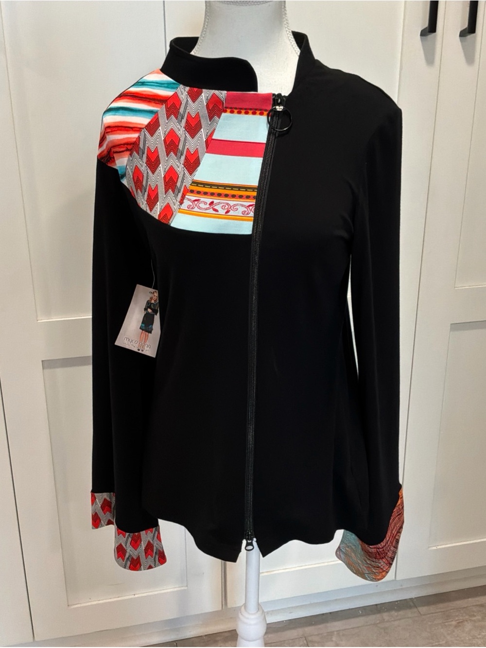 NWT Myco Anna Black Long Sleeve Jersey Knit Boho Abstract Jacket Boutique L
